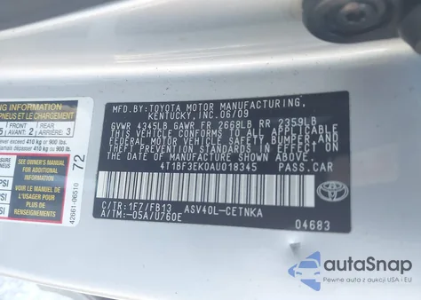 2010 Toyota Camry Le z USA, uszkodzony, nr VIN 4T1BF3EK0AU018345